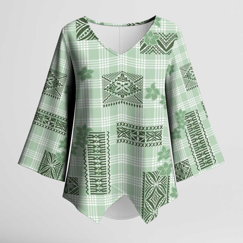 Hawaiian Quilt Tapa On Pastel Mint Palaka Motifs Kimono Sleeve Blouse