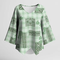 Hawaiian Quilt Tapa On Pastel Mint Palaka Motifs Kimono Sleeve Blouse