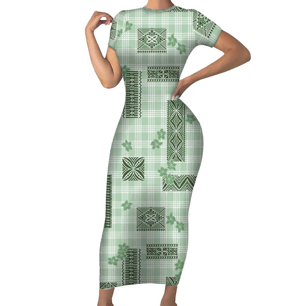 Hawaiian Quilt Tapa On Pastel Mint Palaka Motifs Short Sleeve Bodycon Dress
