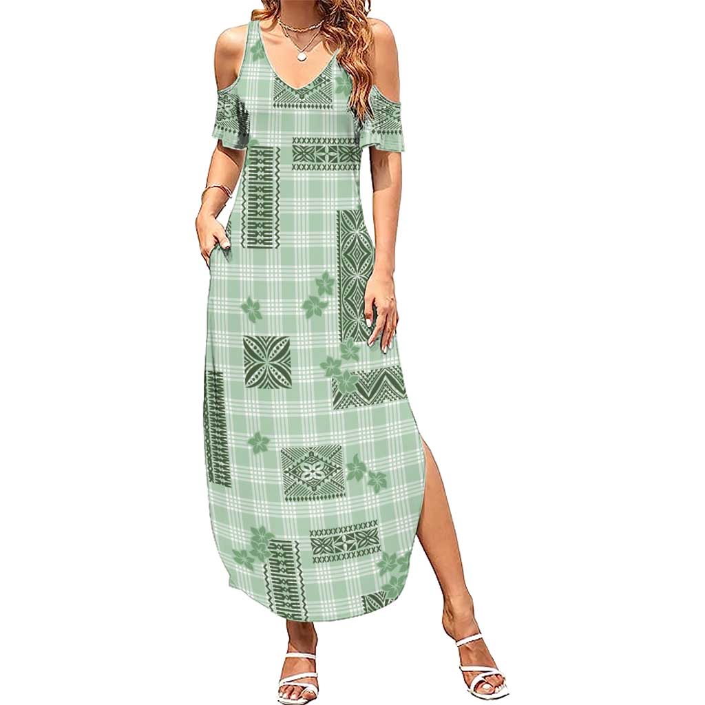 Hawaiian Quilt Tapa On Pastel Mint Palaka Motifs Summer Maxi Dress