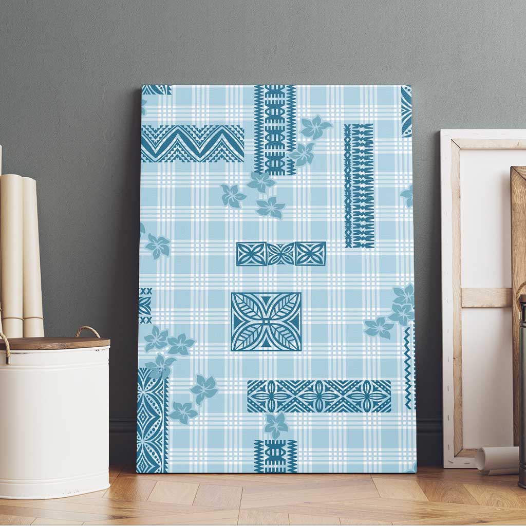 Hawaiian Quilt Tapa On Cold Blue Palaka Motifs Canvas Wall Art