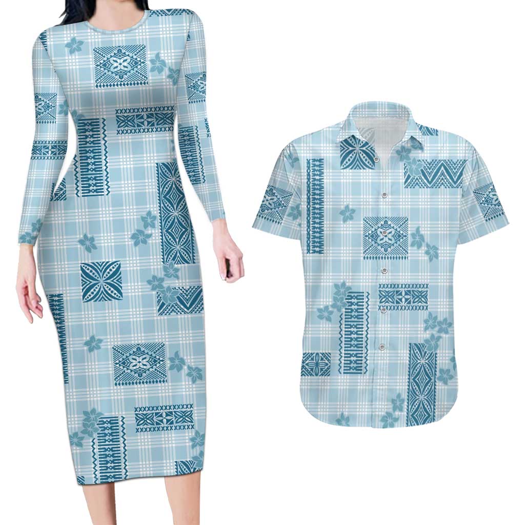Hawaiian Quilt Tapa On Cold Blue Palaka Motifs Couples Matching Long Sleeve Bodycon Dress and Hawaiian Shirt LT7 Azure - Polynesian Pride