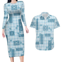 Hawaiian Quilt Tapa On Cold Blue Palaka Motifs Couples Matching Long Sleeve Bodycon Dress and Hawaiian Shirt LT7 Azure - Polynesian Pride