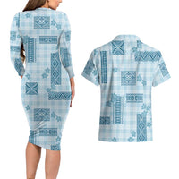 Hawaiian Quilt Tapa On Cold Blue Palaka Motifs Couples Matching Long Sleeve Bodycon Dress and Hawaiian Shirt LT7 - Polynesian Pride