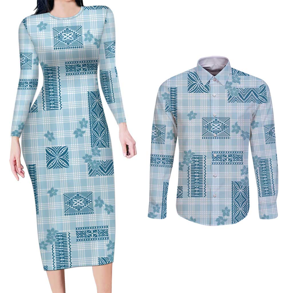 Hawaiian Quilt Tapa On Cold Blue Palaka Motifs Couples Matching Long Sleeve Bodycon Dress and Long Sleeve Button Shirt