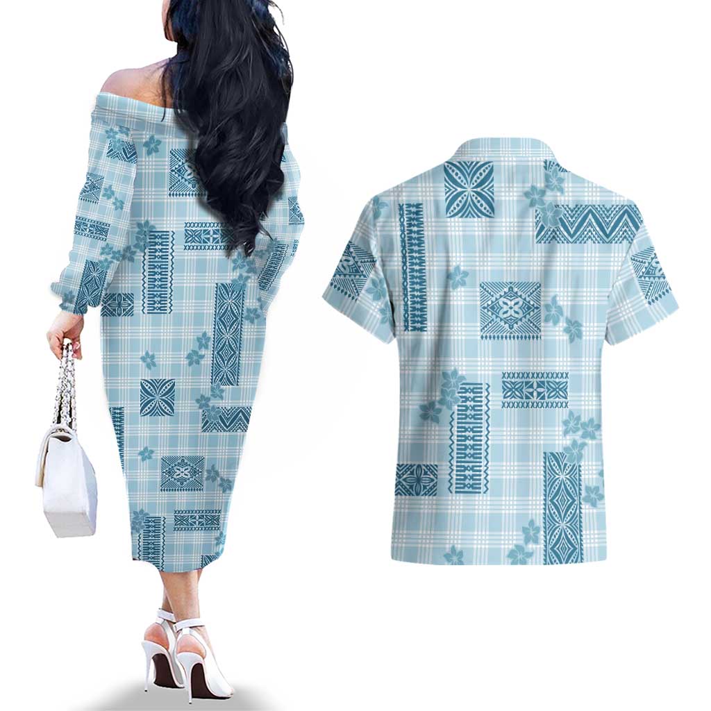 Hawaiian Quilt Tapa On Cold Blue Palaka Motifs Couples Matching Off The Shoulder Long Sleeve Dress and Hawaiian Shirt LT7 - Polynesian Pride