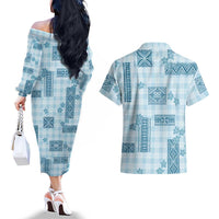 Hawaiian Quilt Tapa On Cold Blue Palaka Motifs Couples Matching Off The Shoulder Long Sleeve Dress and Hawaiian Shirt LT7 - Polynesian Pride