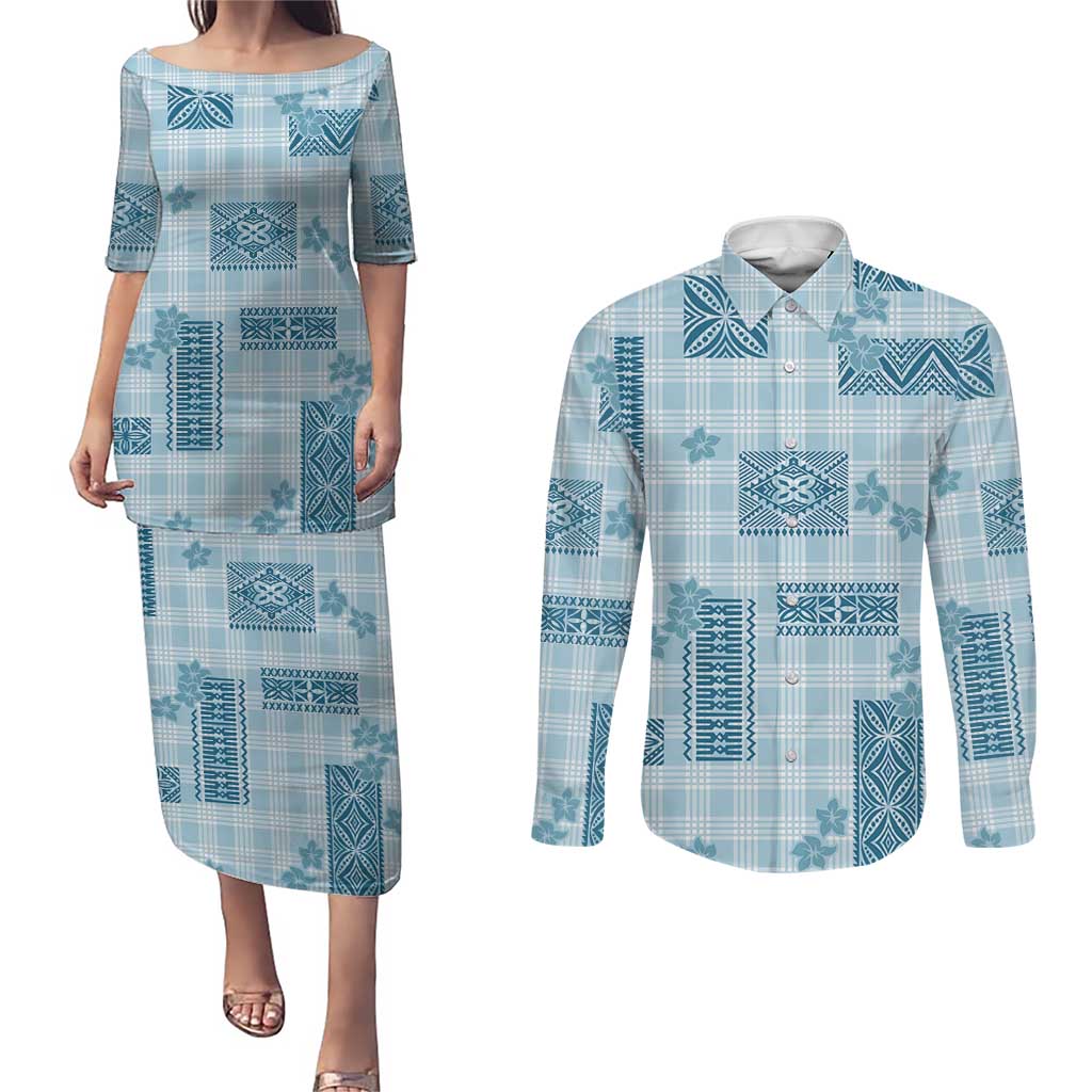 Hawaiian Quilt Tapa On Cold Blue Palaka Motifs Couples Matching Puletasi and Long Sleeve Button Shirt