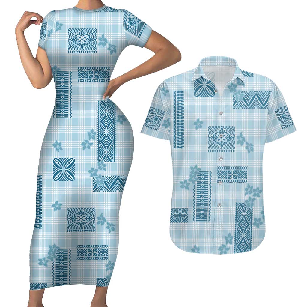Hawaiian Quilt Tapa On Cold Blue Palaka Motifs Couples Matching Short Sleeve Bodycon Dress and Hawaiian Shirt LT7 Azure - Polynesian Pride
