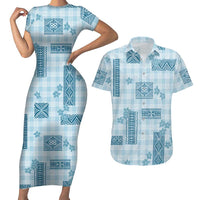 Hawaiian Quilt Tapa On Cold Blue Palaka Motifs Couples Matching Short Sleeve Bodycon Dress and Hawaiian Shirt LT7 Azure - Polynesian Pride