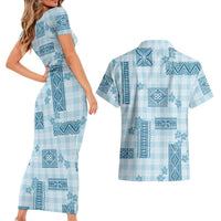 Hawaiian Quilt Tapa On Cold Blue Palaka Motifs Couples Matching Short Sleeve Bodycon Dress and Hawaiian Shirt LT7 - Polynesian Pride