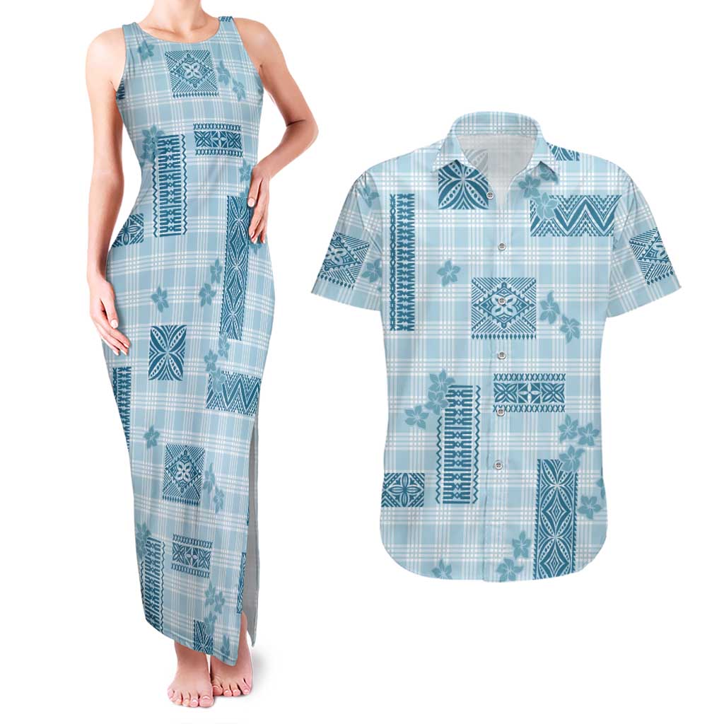 Hawaiian Quilt Tapa On Cold Blue Palaka Motifs Couples Matching Tank Maxi Dress and Hawaiian Shirt