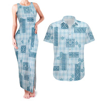 Hawaiian Quilt Tapa On Cold Blue Palaka Motifs Couples Matching Tank Maxi Dress and Hawaiian Shirt