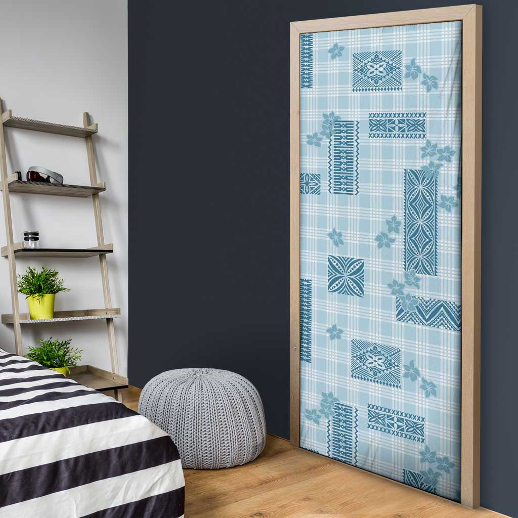 Hawaiian Quilt Tapa On Cold Blue Palaka Motifs Door Cover