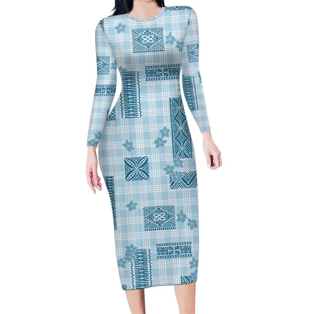 Hawaiian Quilt Tapa On Cold Blue Palaka Motifs Family Matching Long Sleeve Bodycon Dress and Hawaiian Shirt LT7 Mom's Dress Azure - Polynesian Pride
