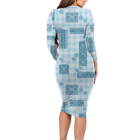 Hawaiian Quilt Tapa On Cold Blue Palaka Motifs Family Matching Long Sleeve Bodycon Dress and Hawaiian Shirt LT7 - Polynesian Pride