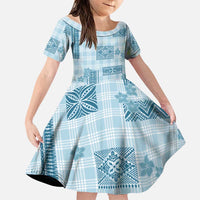 Hawaiian Quilt Tapa On Cold Blue Palaka Motifs Family Matching Mermaid Dress and Hawaiian Shirt LT7 Daughter's Dress Azure - Polynesian Pride