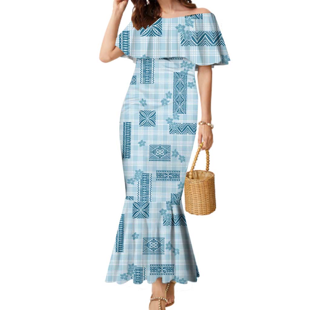 Hawaiian Quilt Tapa On Cold Blue Palaka Motifs Family Matching Mermaid Dress and Hawaiian Shirt LT7 Mom's Dress Azure - Polynesian Pride