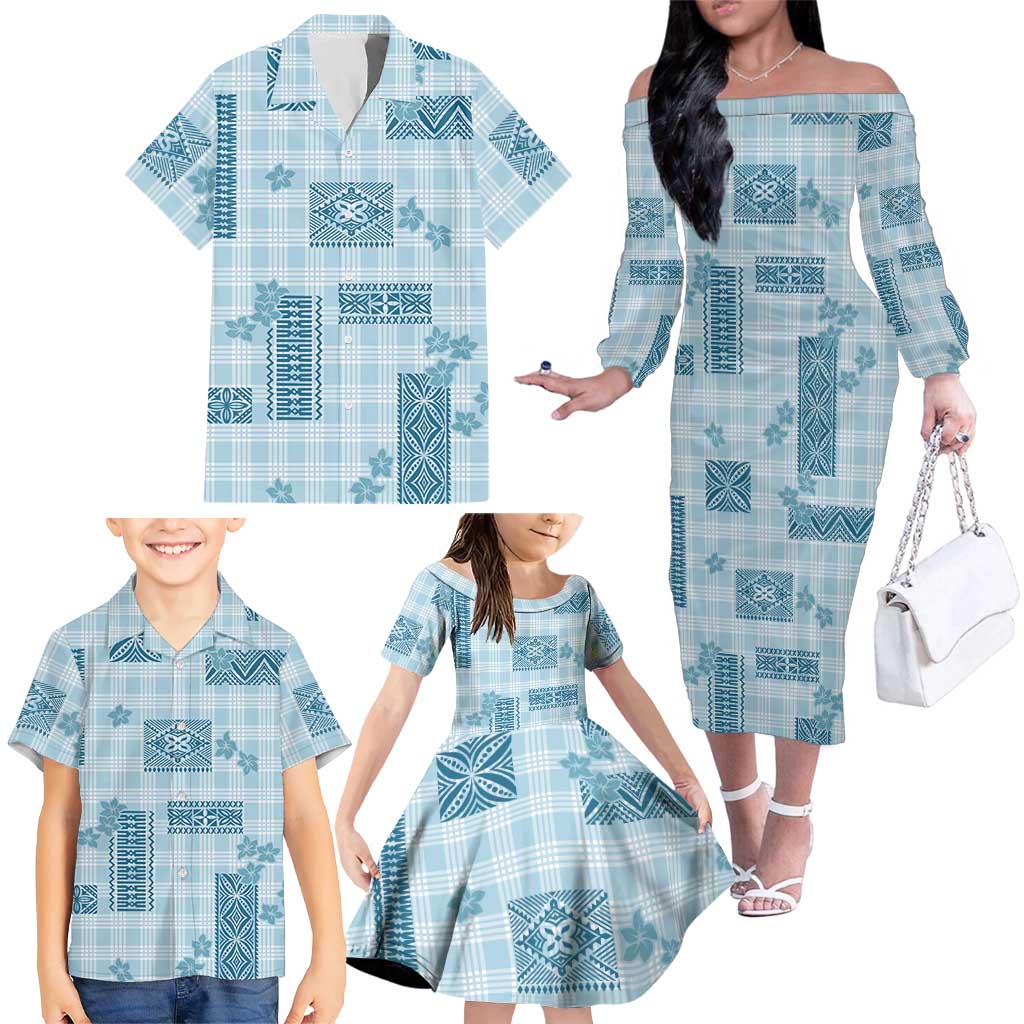 Hawaiian Quilt Tapa On Cold Blue Palaka Motifs Family Matching Off The Shoulder Long Sleeve Dress and Hawaiian Shirt LT7 - Polynesian Pride