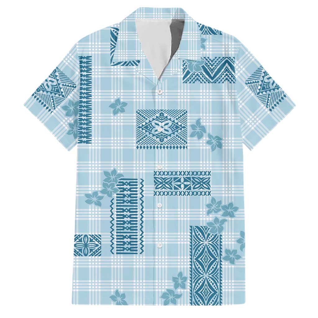 Hawaiian Quilt Tapa On Cold Blue Palaka Motifs Family Matching Off The Shoulder Long Sleeve Dress and Hawaiian Shirt LT7 Dad's Shirt - Short Sleeve Azure - Polynesian Pride