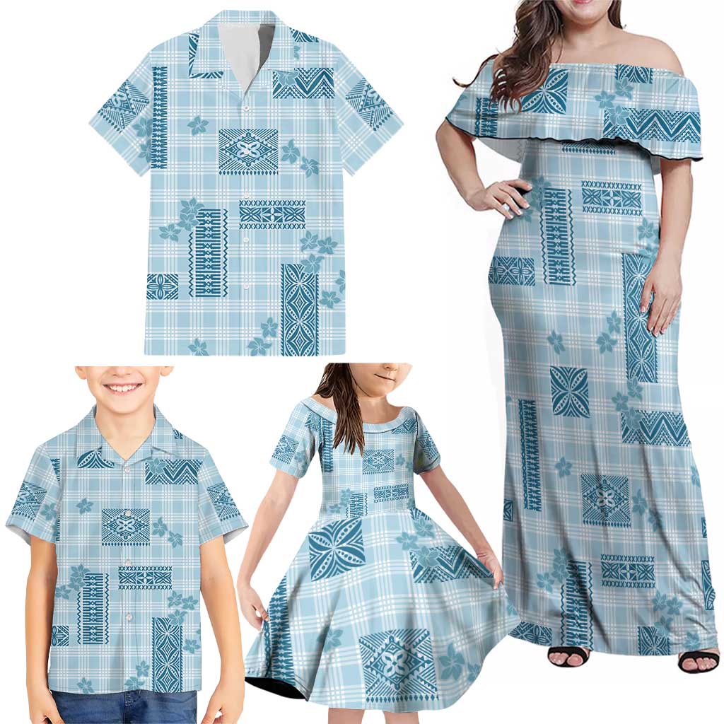 Hawaiian Quilt Tapa On Cold Blue Palaka Motifs Family Matching Off Shoulder Maxi Dress and Hawaiian Shirt