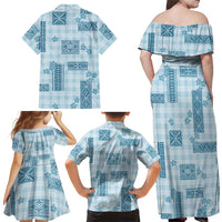 Hawaiian Quilt Tapa On Cold Blue Palaka Motifs Family Matching Off Shoulder Maxi Dress and Hawaiian Shirt LT7 - Polynesian Pride