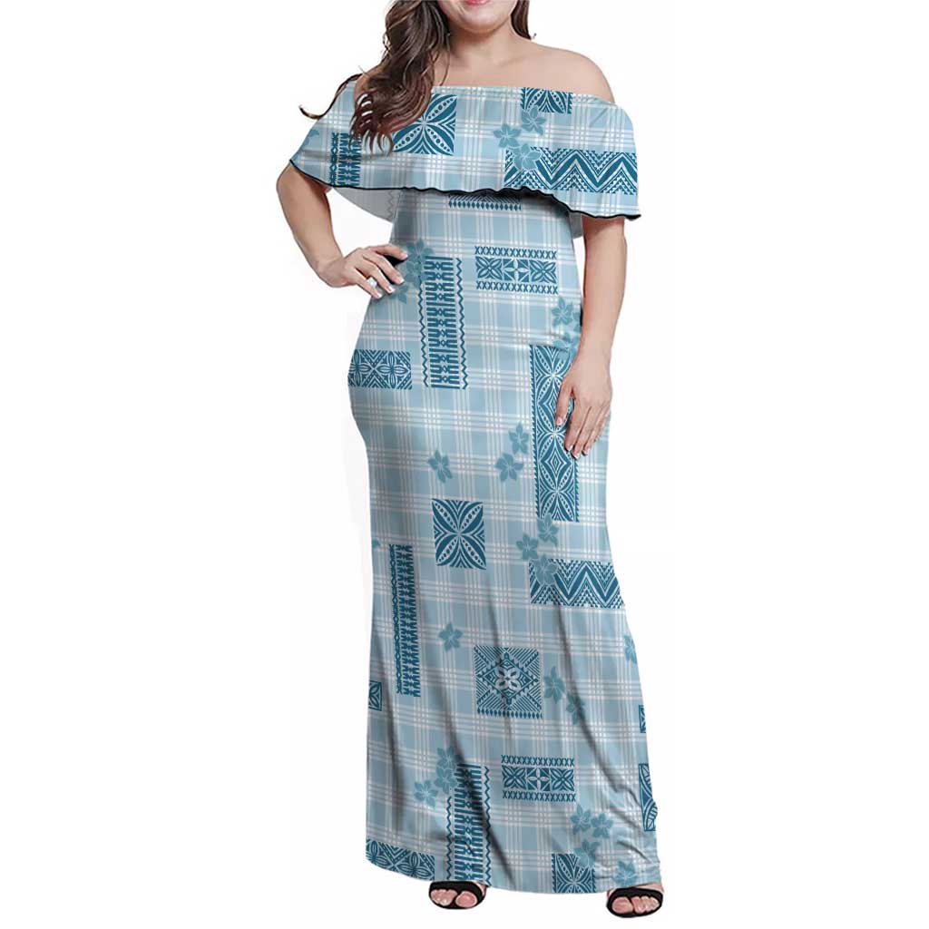 Hawaiian Quilt Tapa On Cold Blue Palaka Motifs Family Matching Off Shoulder Maxi Dress and Hawaiian Shirt LT7 Mom's Dress Azure - Polynesian Pride