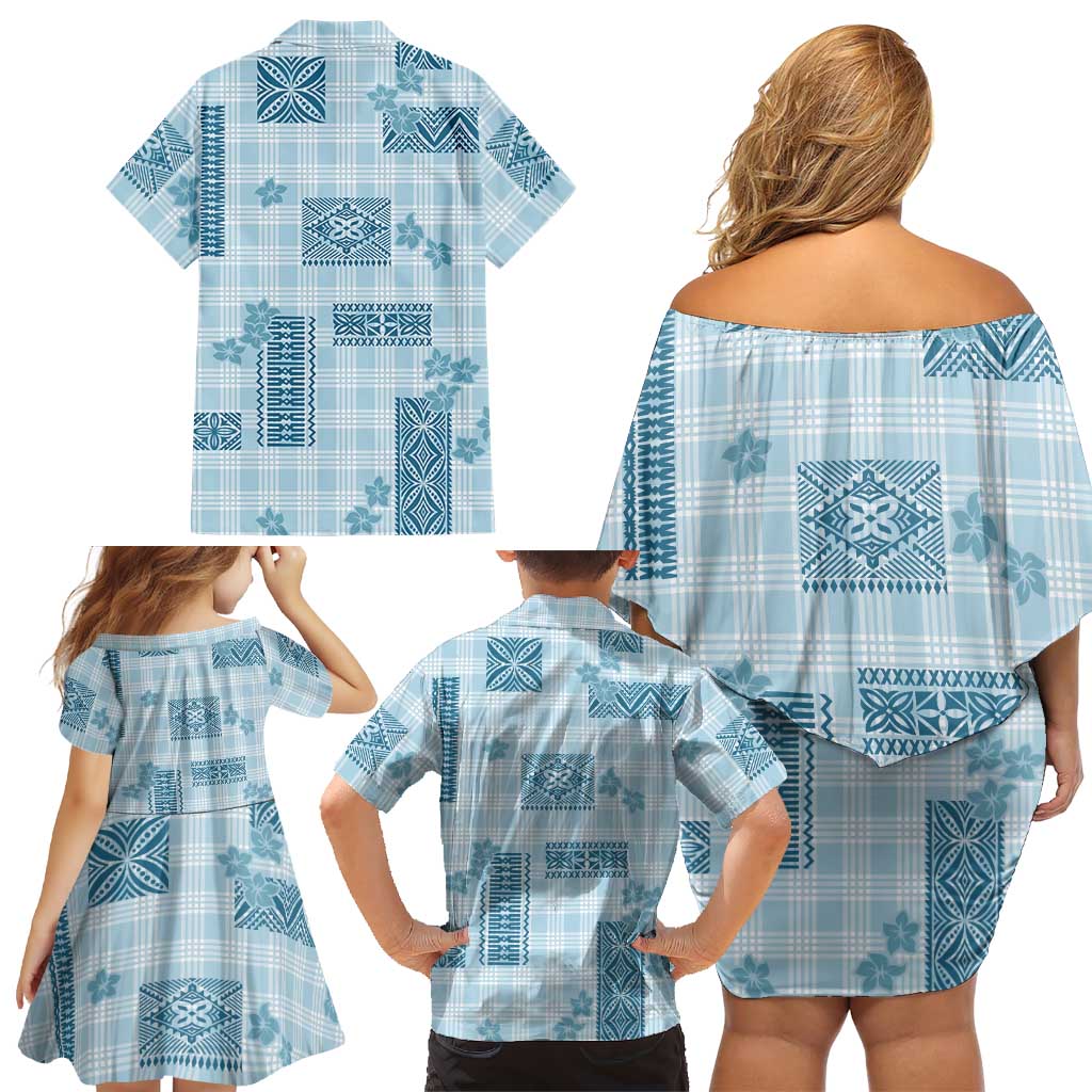 Hawaiian Quilt Tapa On Cold Blue Palaka Motifs Family Matching Off Shoulder Short Dress and Hawaiian Shirt LT7 - Polynesian Pride