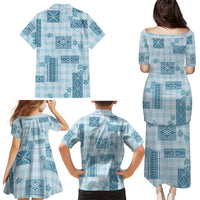 Hawaiian Quilt Tapa On Cold Blue Palaka Motifs Family Matching Puletasi and Hawaiian Shirt LT7 - Polynesian Pride