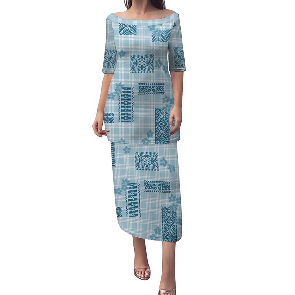 Hawaiian Quilt Tapa On Cold Blue Palaka Motifs Family Matching Puletasi and Hawaiian Shirt LT7 Mom's Dress Azure - Polynesian Pride