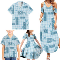 Hawaiian Quilt Tapa On Cold Blue Palaka Motifs Family Matching Summer Maxi Dress and Hawaiian Shirt LT7 - Polynesian Pride