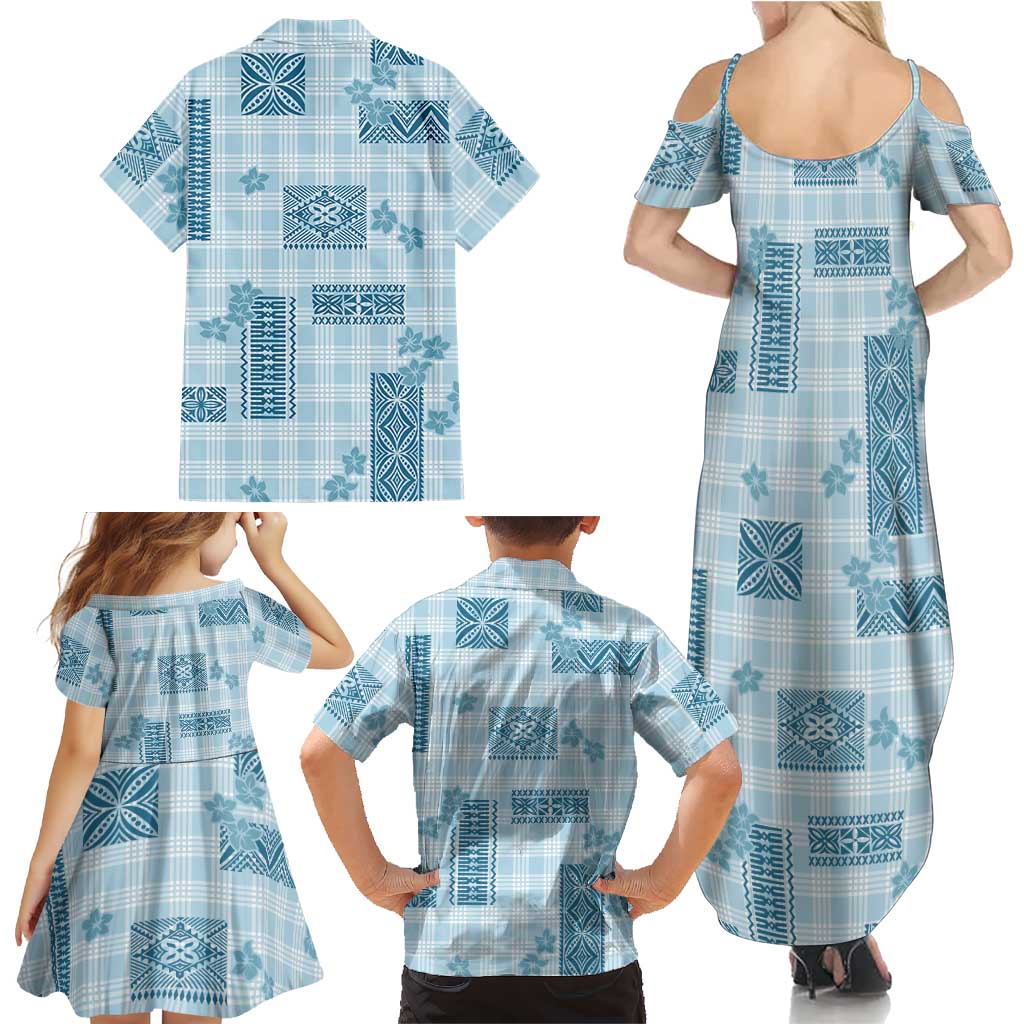 Hawaiian Quilt Tapa On Cold Blue Palaka Motifs Family Matching Summer Maxi Dress and Hawaiian Shirt LT7 - Polynesian Pride
