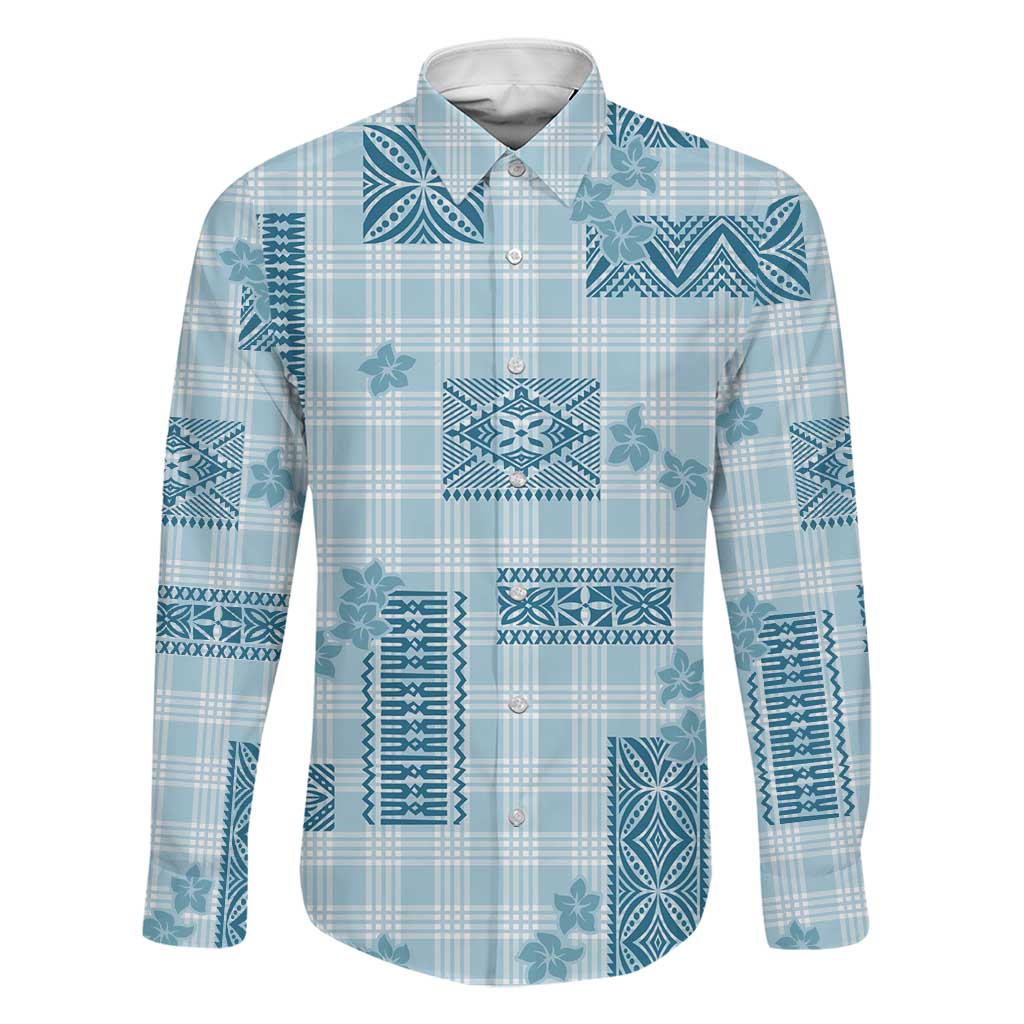Hawaiian Quilt Tapa On Cold Blue Palaka Motifs Family Matching Summer Maxi Dress and Hawaiian Shirt LT7 Dad's Shirt - Long Sleeve Azure - Polynesian Pride