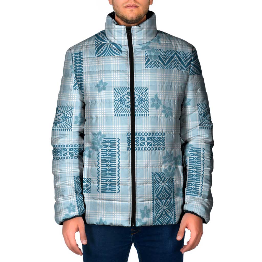 Hawaiian Quilt Tapa On Cold Blue Palaka Motifs Padded Jacket LT7 Men Azure - Polynesian Pride