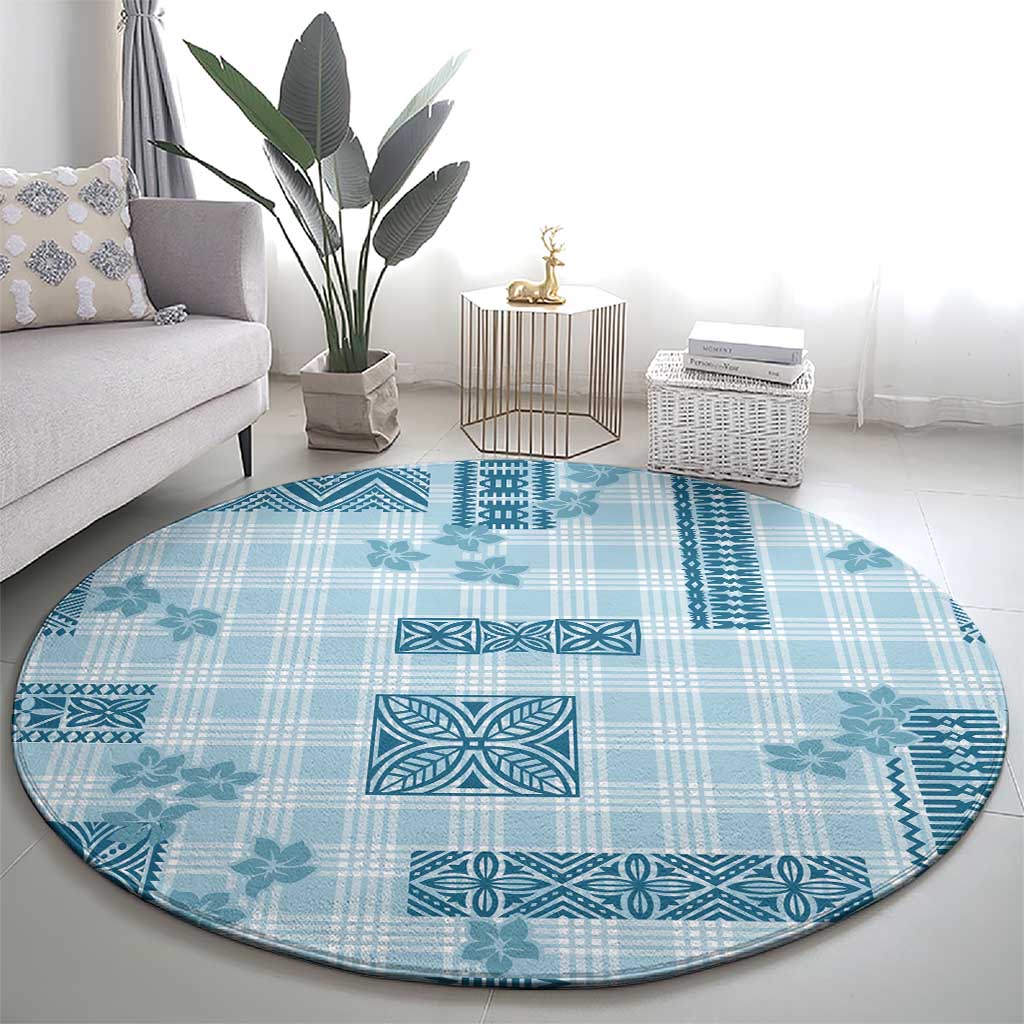 Hawaiian Quilt Tapa On Cold Blue Palaka Motifs Round Carpet
