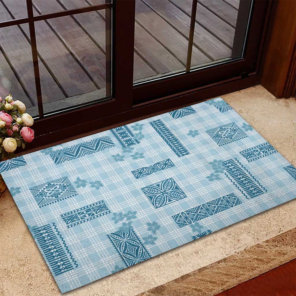 Hawaiian Quilt Tapa On Cold Blue Palaka Motifs Rubber Doormat
