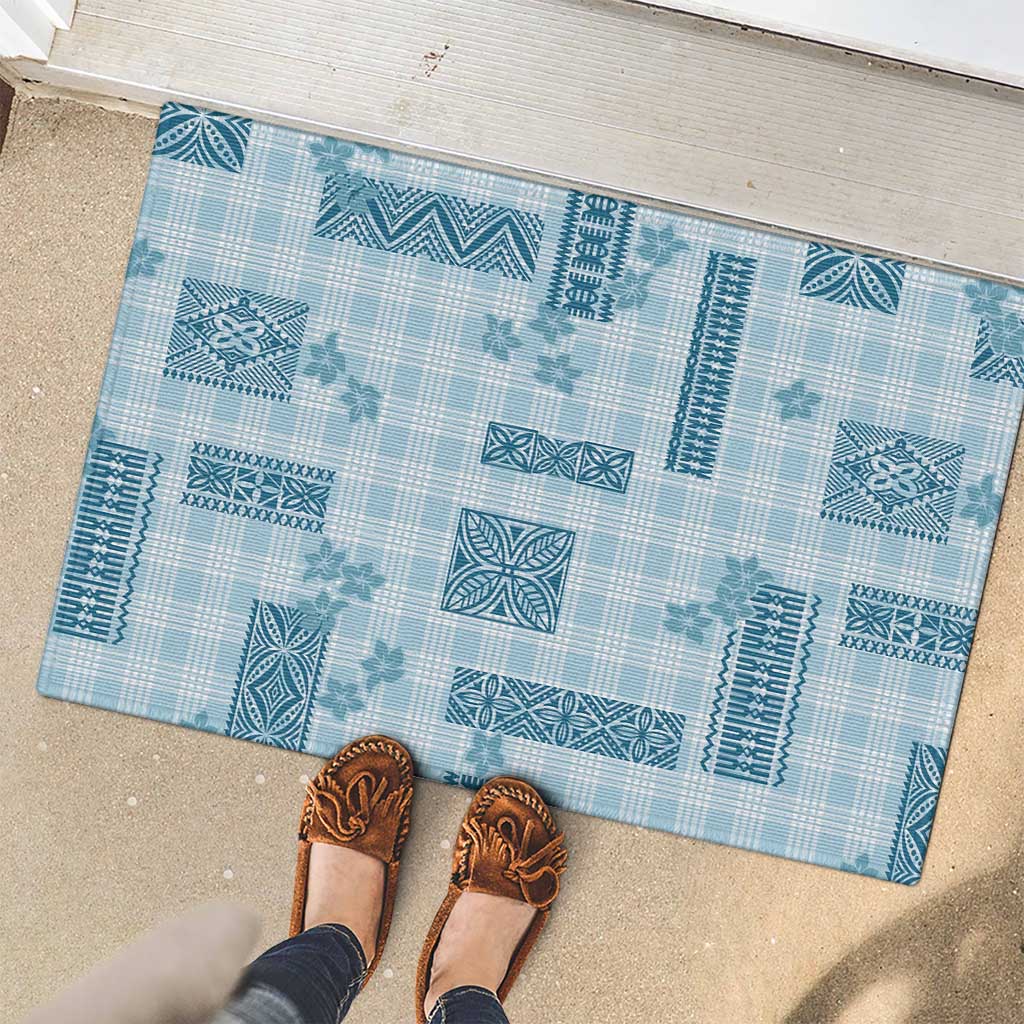 Hawaiian Quilt Tapa On Cold Blue Palaka Motifs Rubber Doormat
