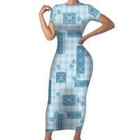 Hawaiian Quilt Tapa On Cold Blue Palaka Motifs Short Sleeve Bodycon Dress