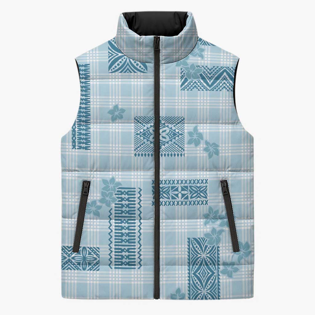 Hawaiian Quilt Tapa On Cold Blue Palaka Motifs Sleeveless Puffer Jacket