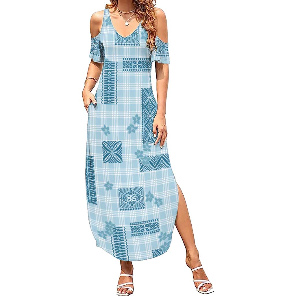 Hawaiian Quilt Tapa On Cold Blue Palaka Motifs Summer Maxi Dress