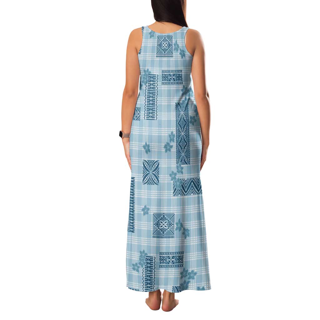 Hawaiian Quilt Tapa On Cold Blue Palaka Motifs Tank Maxi Dress