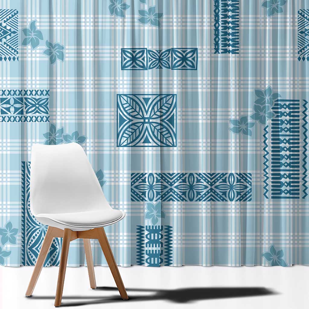 Hawaiian Quilt Tapa On Cold Blue Palaka Motifs Window Curtain