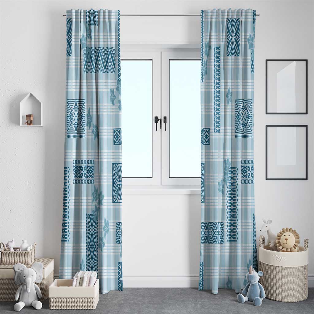 Hawaiian Quilt Tapa On Cold Blue Palaka Motifs Window Curtain