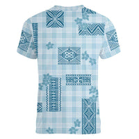 Hawaiian Quilt Tapa On Cold Blue Palaka Motifs Women V-Neck T-Shirt