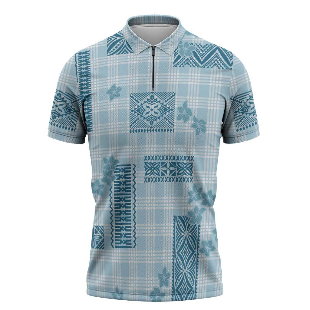 Hawaiian Quilt Tapa On Cold Blue Palaka Motifs Zipper Polo Shirt