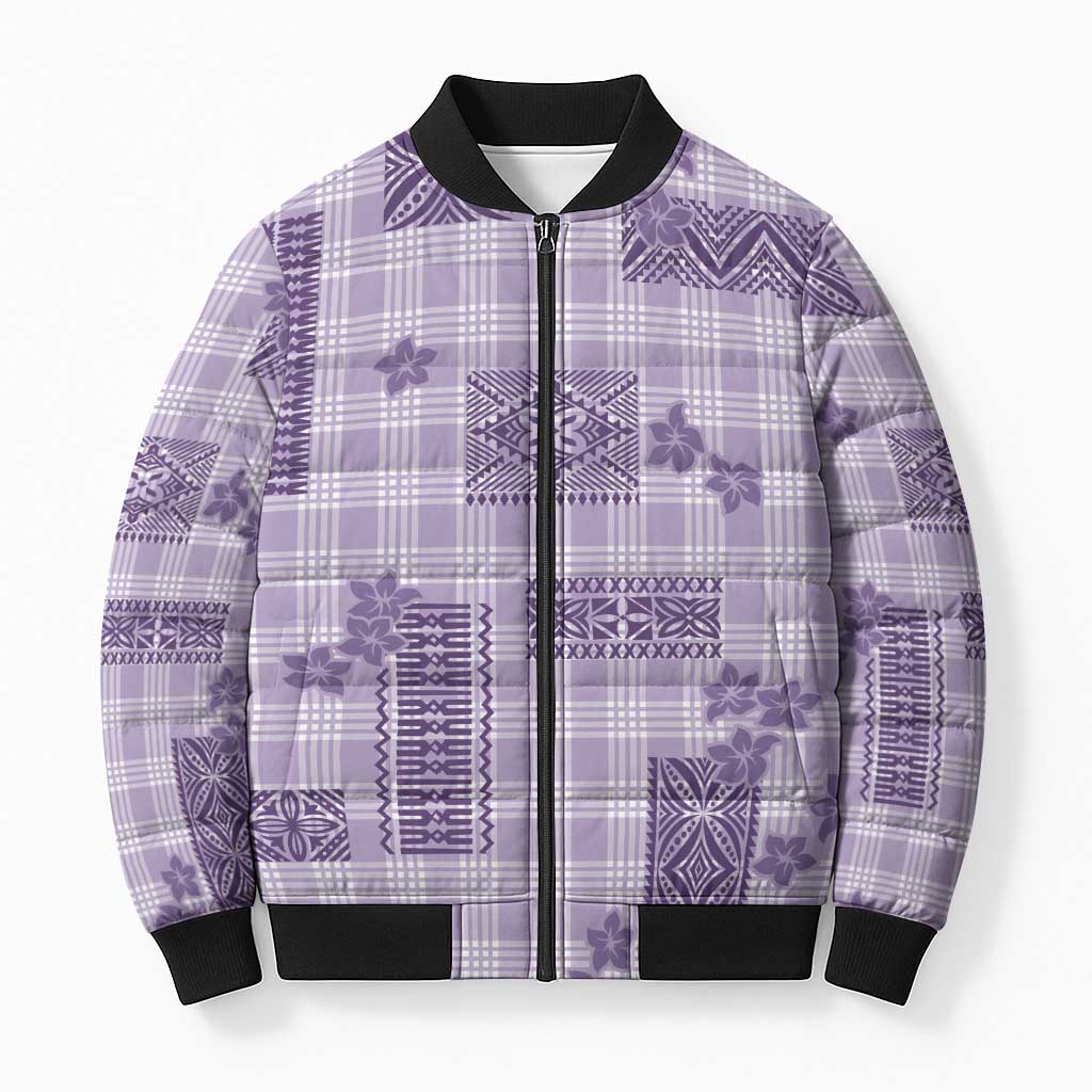 Hawaiian Quilt Tapa On Lilac Palaka Motifs Bomber Puffer Jacket