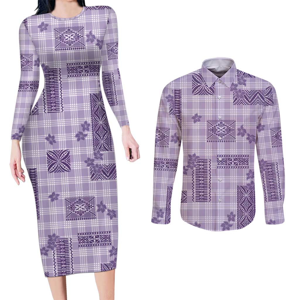 Hawaiian Quilt Tapa On Lilac Palaka Motifs Couples Matching Long Sleeve Bodycon Dress and Long Sleeve Button Shirt LT7 Lilac - Polynesian Pride