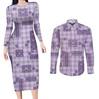 Hawaiian Quilt Tapa On Lilac Palaka Motifs Couples Matching Long Sleeve Bodycon Dress and Long Sleeve Button Shirt LT7 Lilac - Polynesian Pride