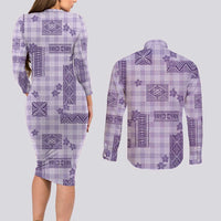 Hawaiian Quilt Tapa On Lilac Palaka Motifs Couples Matching Long Sleeve Bodycon Dress and Long Sleeve Button Shirt LT7 - Polynesian Pride