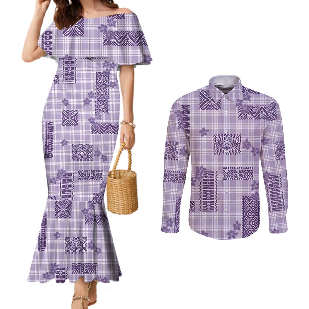 Hawaiian Quilt Tapa On Lilac Palaka Motifs Couples Matching Mermaid Dress and Long Sleeve Button Shirt LT7 Lilac - Polynesian Pride